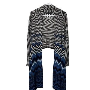 BCBGMAXAZRIA Women’s Silk Open Front Cardigan Shawl Blue Black Chevron Sz M
